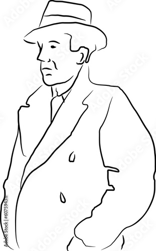 Vector illustration of a man in a trench coat and hat in outlines.