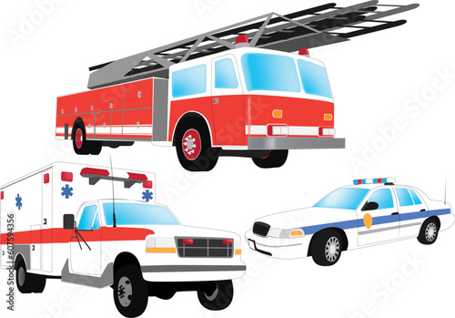 Emergency vehicles - firefighter, ambulance and police car