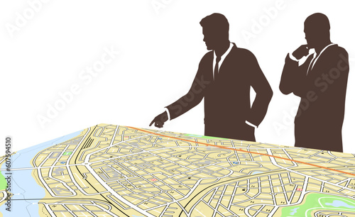 Editable vector illustration of two men standing by a generic city map