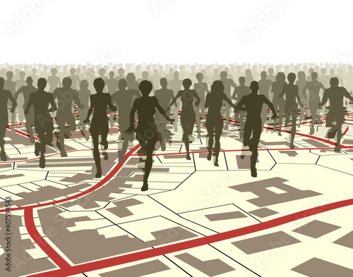 Editable vector illustration of a crowd of people running over a generic street map