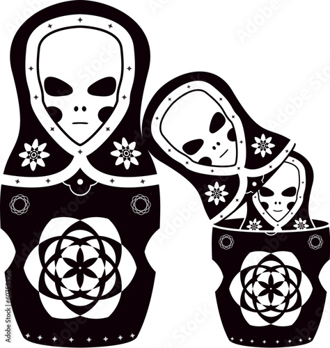 Vector art of the russian dolls. Three aliens as matryoshka.