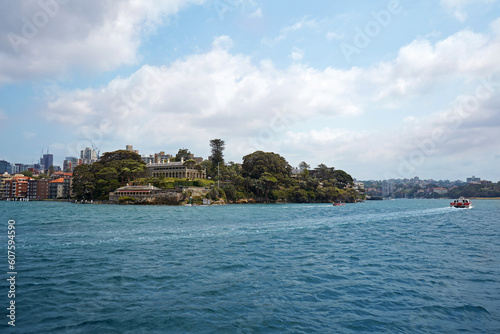 View of Admiralty house and Kirribilli from the ferry, a harbourside suburb on the Lower North Shore of Sydney Harbour.