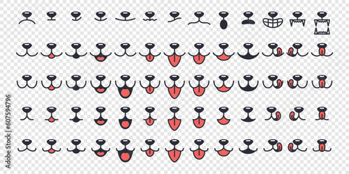 Vector Dog Face Design Elements, Different Emotions. Dog Mouth, Tongue, Nose Isolated. Dog or Cat Face with Closed and Opened Mouth Icons Closeup Set, Collection for Vet Logo, Emblem, Pet Care, Canine