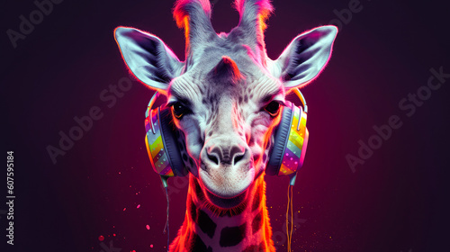 Giraffe head in headphones. giraffe leastening music. Generative AI © zamuruev