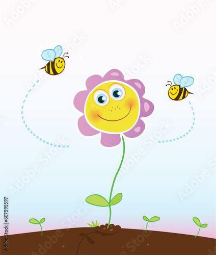 Happy garden flower with bees around.