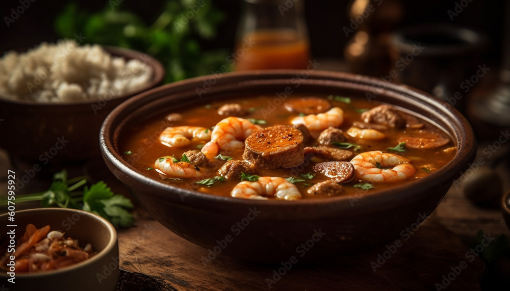 Rustic beef stew in homemade crockery bowl generated by AI Rustic beef stew in homemade crockery bowl generated by AI