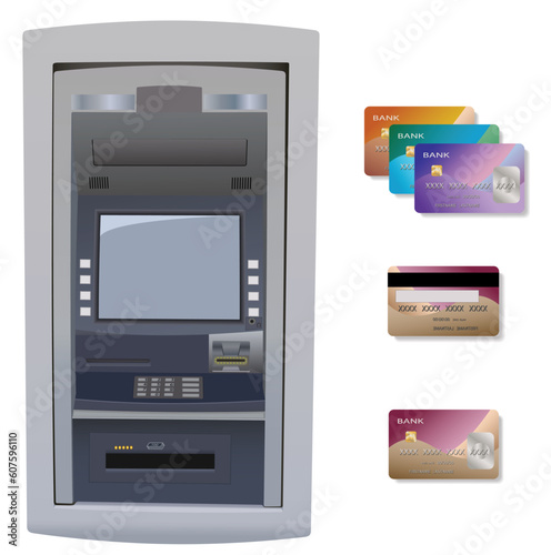 Automatic Teller Machine with credit card. Isolated on white.