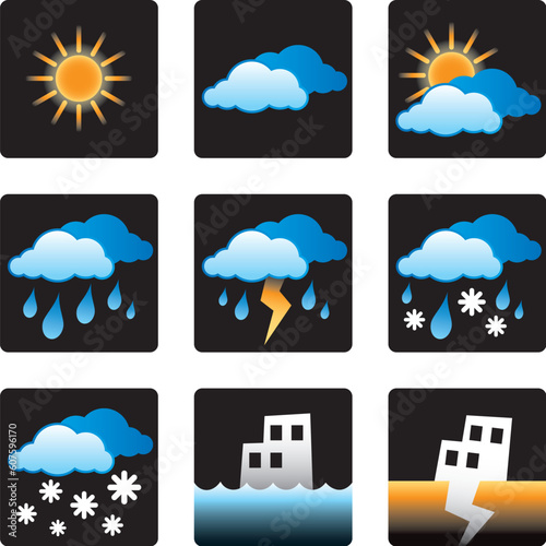 weather, forecast, sun, sunny, cloud, cloudy, overcast, rain, rainfall, storm, snow, flood, earthquake, environment, symbols, icons, vector, design, forecaster