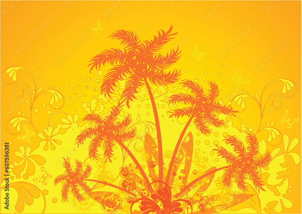 Vector illustration of summer composition, orange palm trees silhouette