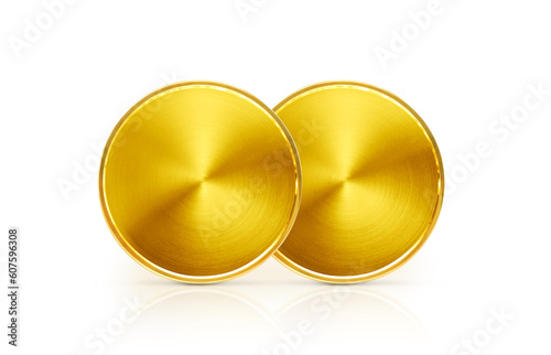 two gold coins front view laying on white background