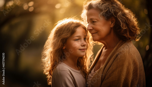 Mother and daughter embrace in autumn sunlight generated by AI
