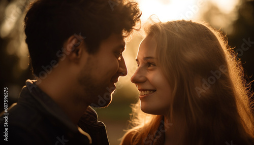 Young couple enjoying sunset, smiling and embracing generated by AI
