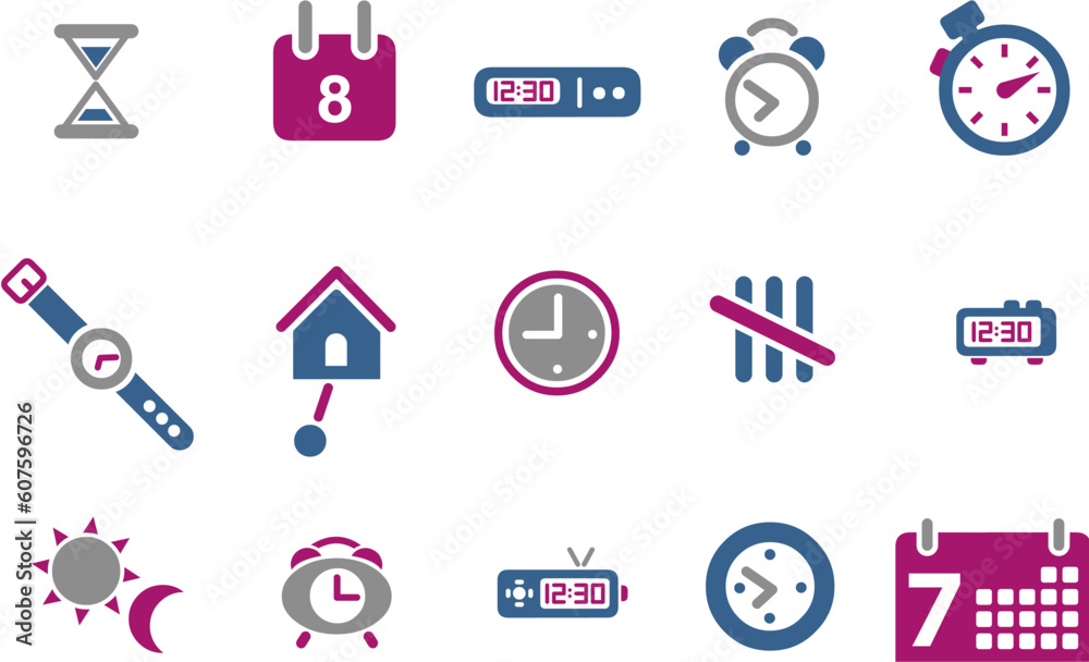 Vector icons pack - Blue-Fuchsia Series, time collection