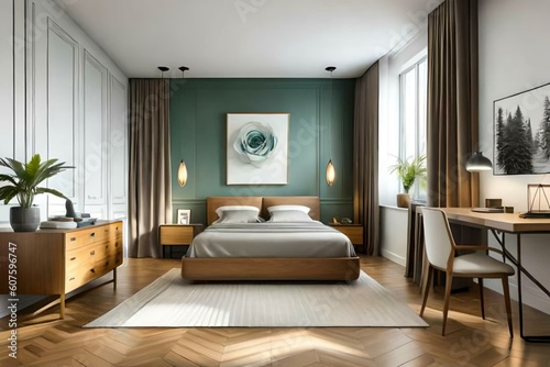 Double bedroom, retro-style interior design © Carlos