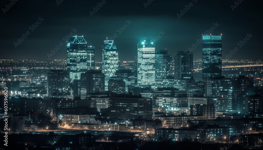 Glowing Beijing skyscrapers illuminate the futuristic cityscape generated by AI