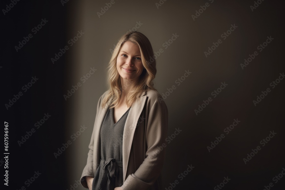 Portrait of a beautiful young woman in a coat on a dark background