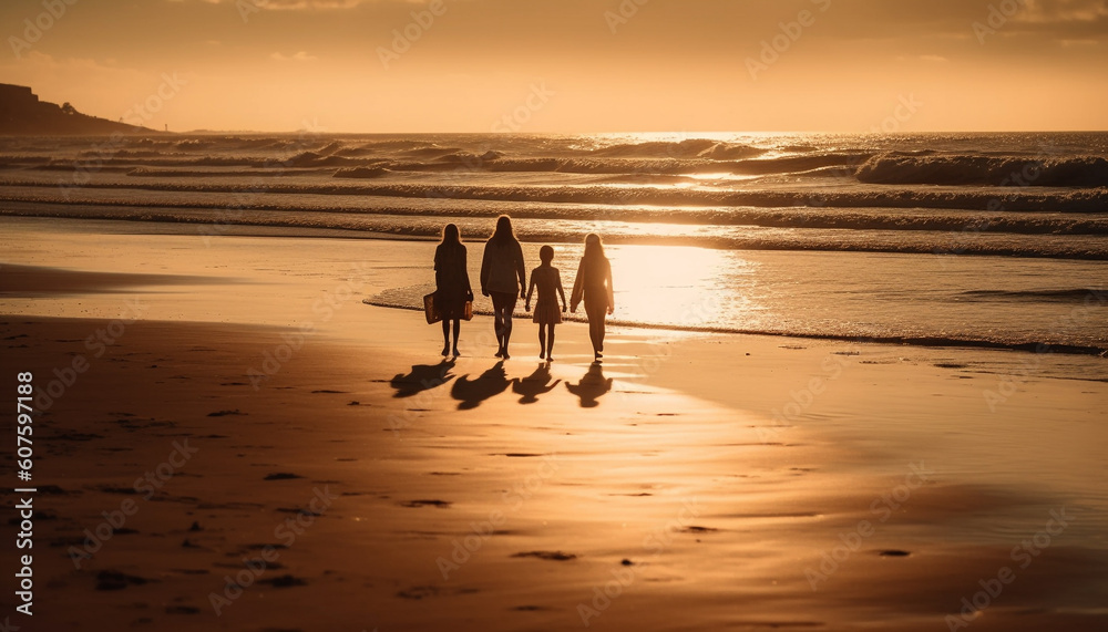 Family walks on beach at sunset, happy together generated by AI