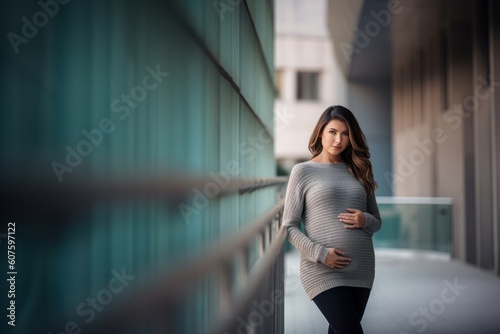 Pregnant woman standing in the hallway of a modern building.