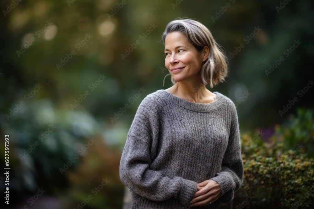 Portrait of a beautiful middle-aged woman smiling in the park Portrait of a beautiful middle-aged woman smiling in the park
