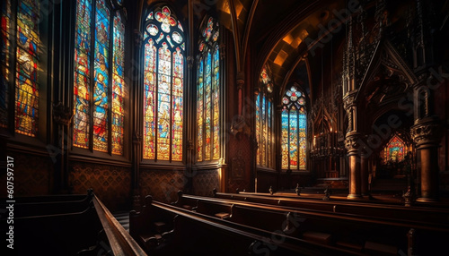 Majestic Gothic chapel with stained glass windows generated by AI