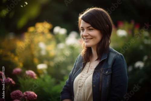 Portrait of a beautiful young woman with flowers in the garden.