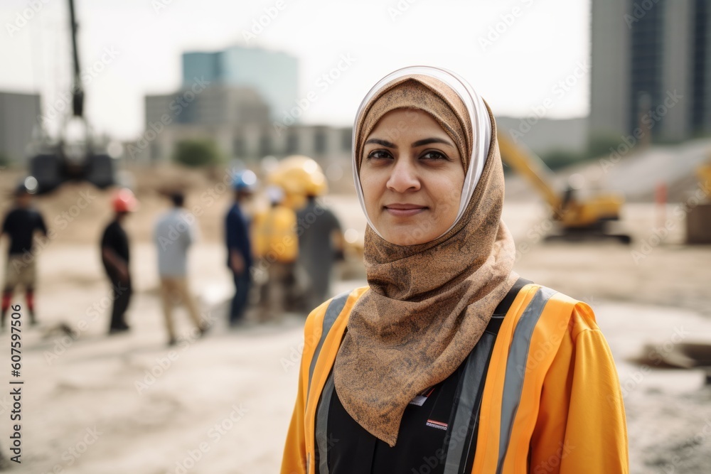 Portrait of muslim woman construction worker standing in front of construction site Portrait of muslim woman construction worker standing in front of construction site