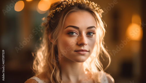Young adult woman with brown hair smiling generated by AI