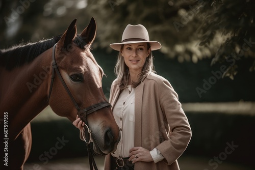 Portrait of beautiful young woman in hat and coat with horse outdoors