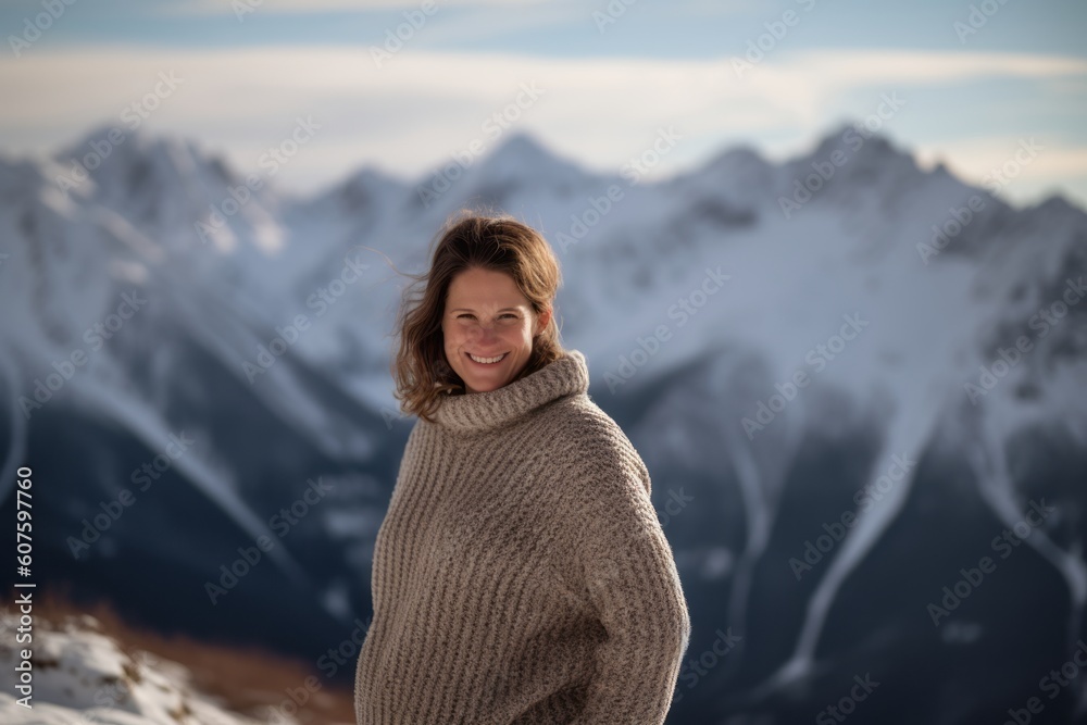 Portrait of a beautiful woman in the mountains. Beautiful winter landscape.