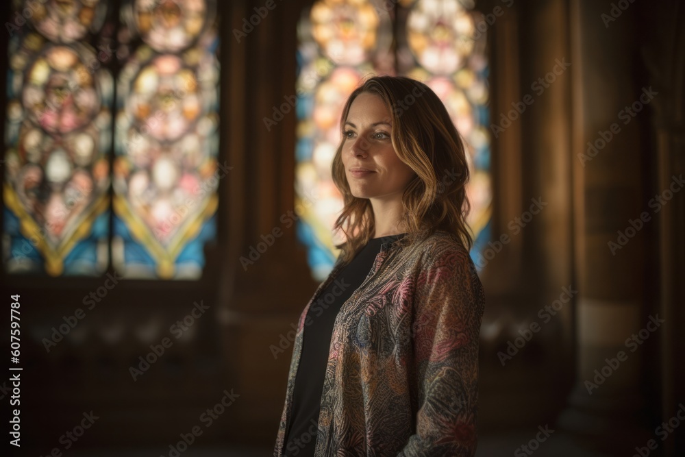 Portrait of a beautiful young woman with long blond hair in a church