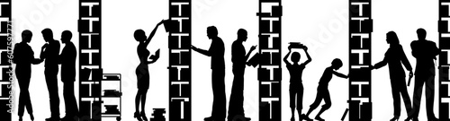 Editable vector silhouette of people in a library with all elements as separate objects