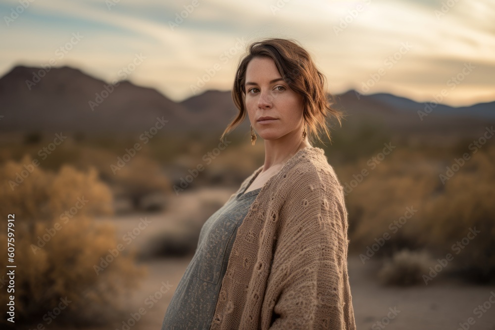 Beautiful young pregnant woman in the middle of the desert at sunset