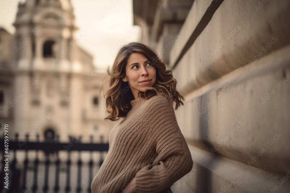 Young beautiful woman in a beige sweater on the background of the city.