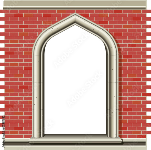 Illustration of an ancient arched window in a brick wall, suitable as a frame or border.