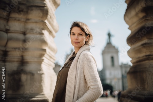 Beautiful young woman in a beige coat walks on the streets of Rome