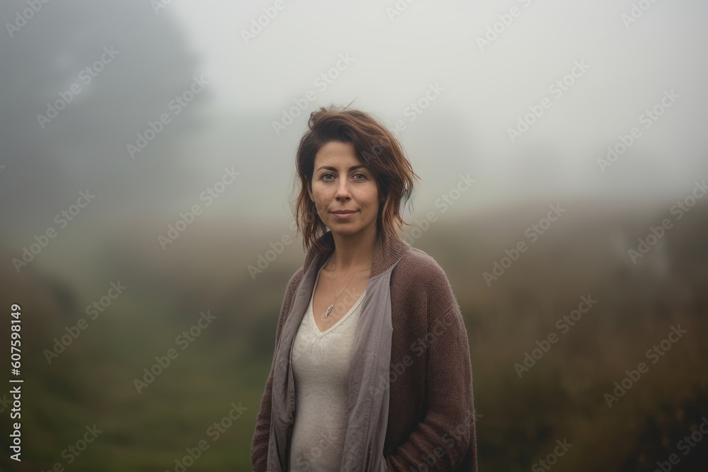 young beautiful hipster woman in the countryside on a foggy autumn day