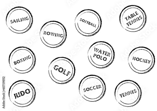 Stamp marks with sport names on it over white