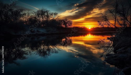 Majestic mountain horizon reflects tranquil sunset beauty generated by AI