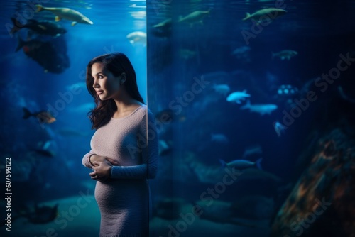 Pregnant woman standing in front of a large aquarium with fishes