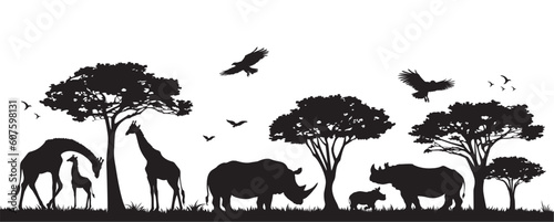 Silhouette of animals and birds in the savannah. African landscape scene. Vector horizontal seamless tropical background with rhinos, giraffes and flying birds. Black isolated silhouette