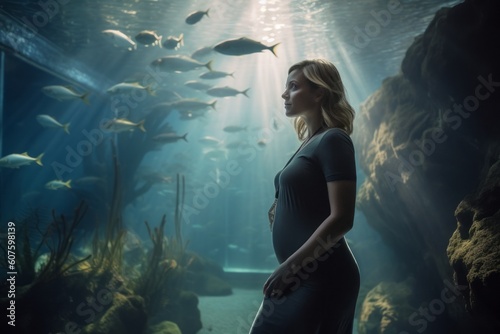 Pregnant woman looking at the fish tank in the ocean.