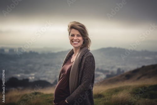 Portrait of a beautiful young woman on top of a hill in the countryside