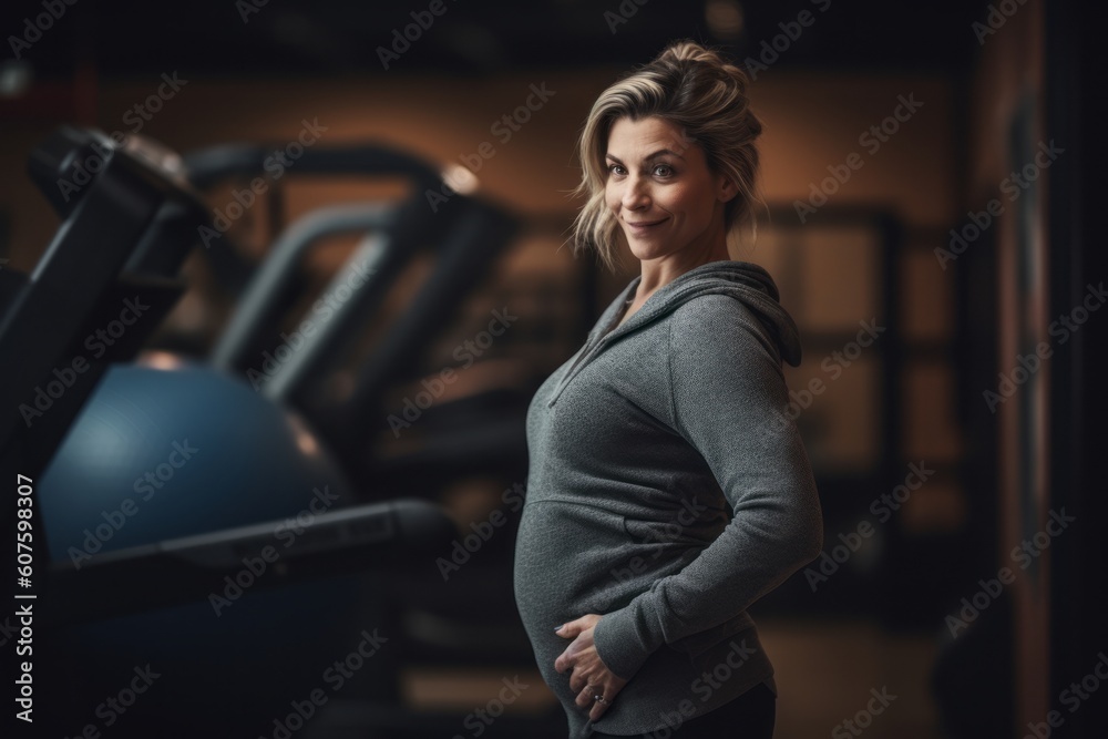 Portrait Of Pregnant Woman In Fitness Center Gym Standing Strong