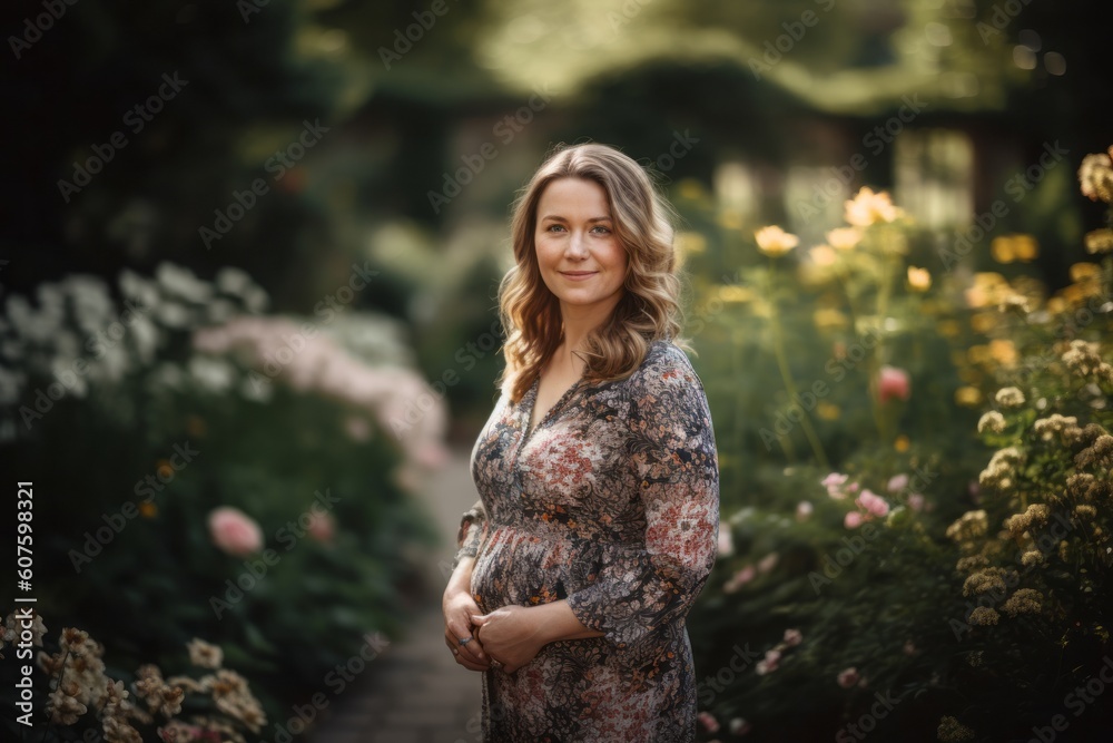 Beautiful pregnant woman walking in the garden. Young expectant mother Beautiful pregnant woman walking in the garden. Young expectant mother