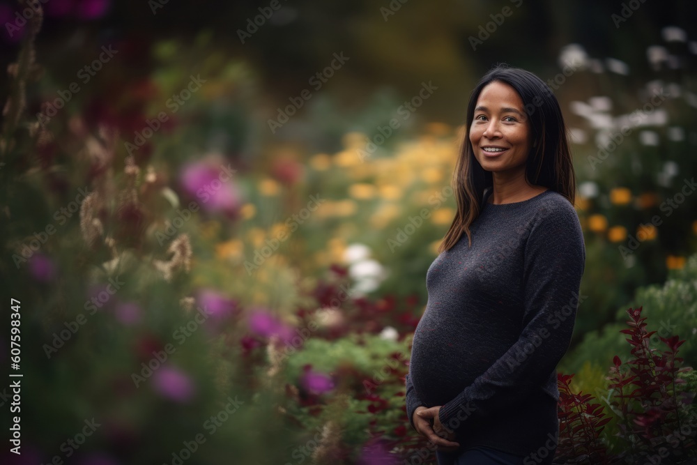 Portrait of a beautiful Asian pregnant woman standing in the garden.