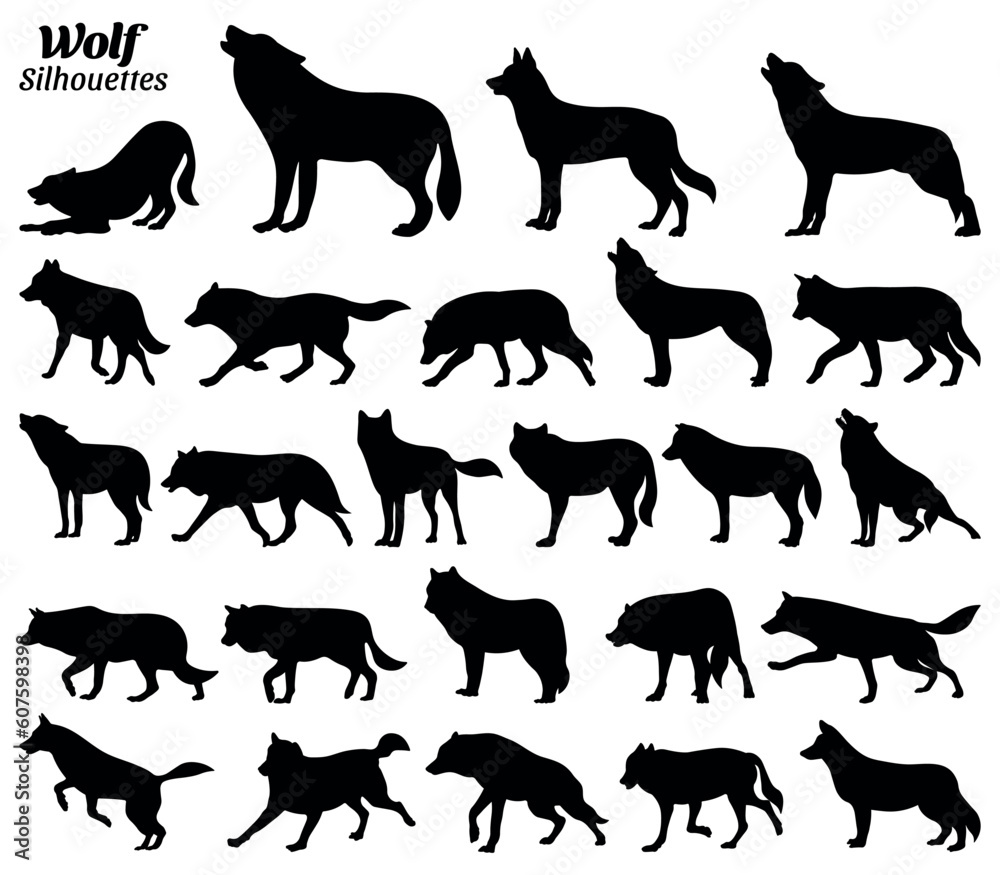 Wolf silhouettes vector illustration set.