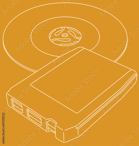 Vector line art illustration of a retro 8-track tape and a 45 RPM single record.