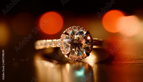 Shiny diamond ring glows with elegant glamour generated by AI