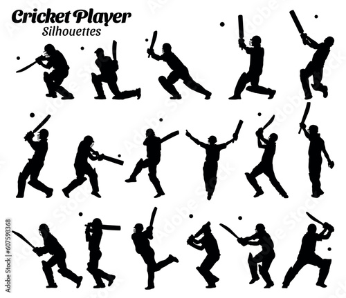 Cricket player silhouettes vector illustration set.