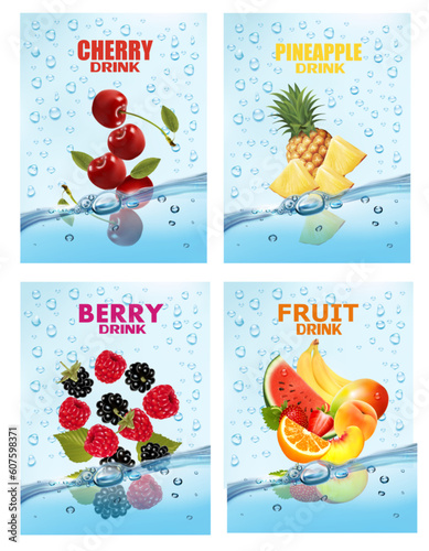 Set of labels with fruit and vegetables drink. Fresh fruits juice splashing together- peach, watermelon, cherry, pineapple in water drink splashing. 3d fresh fruits. Vector illustration.